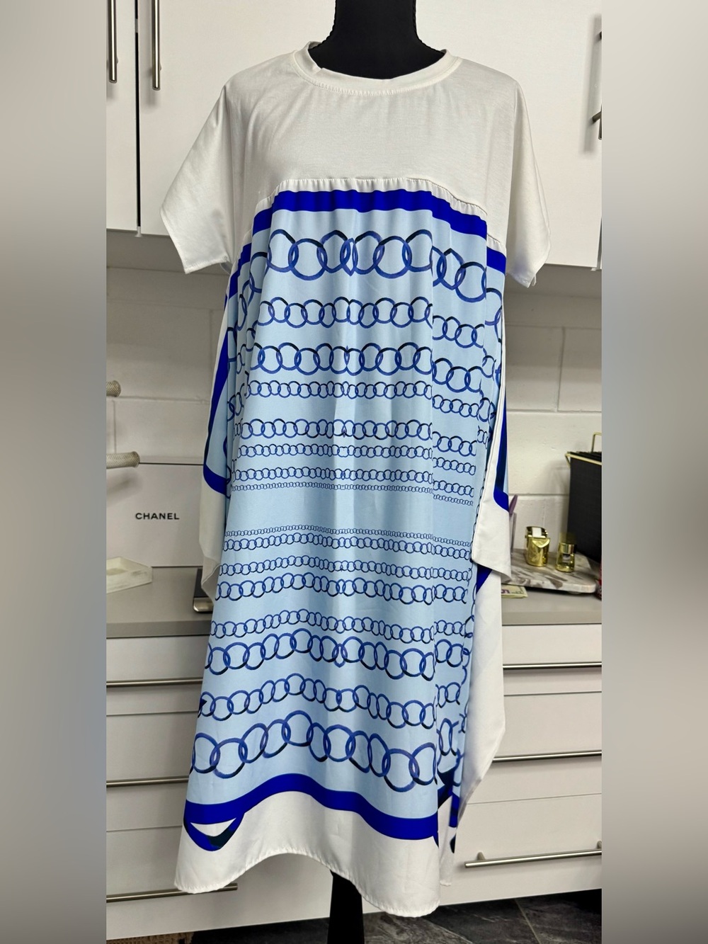 White Midi Dress with Blue Chain-Print